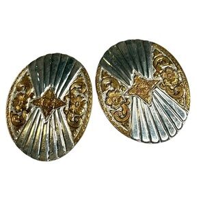 Vintage Crumrine 90s Gold Silver Western Style Large Pierced Earrings